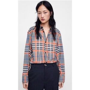 Zara Women Orange Black Gray Plaid Checked Botton Down Shirt Cotton Size Medium